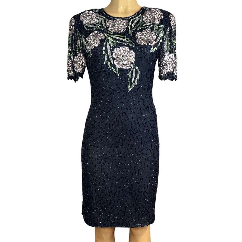 Vintage Scala Black Floral Beaded Silk Short Sleeve Cocktail Dress Size Small